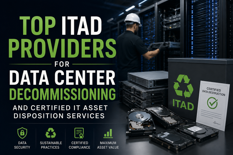 A technician works in a data center with servers. Foreground shows hard drives, ITAD materials, and a sign for certified data destruction and decommissioning services.