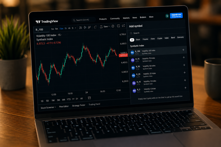 A laptop displays a TradingView dashboard with a candlestick chart, a list of synthetic indices, and trading data on a wooden desk with blurred plants in the background.
