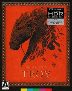 Red poster for the film "Troy" featuring a wooden Trojan horse, stylized border, "4K UHD HDR" sticker, and actor names Brad Pitt, Eric Bana, and Orlando Bloom. Arrow Video logo at bottom left.