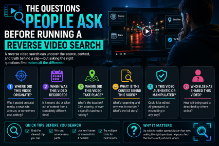 The Questions People Ask Before Running A Reverse Video Search Infographic explaining common questions and tips for reverse video search, including origin, location, authenticity, and context, with related icons and text in a dark, modern design.
