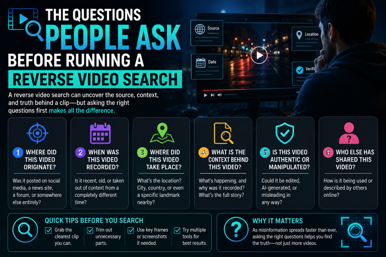 The Questions People Ask Before Running A Reverse Video Search Infographic explaining common questions and tips for reverse video search, including origin, location, authenticity, and context, with related icons and text in a dark, modern design.