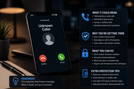 What That Mystery Call Really Means And What You Can Do About It A smartphone displays an incoming call from "Unknown Caller," with informational tips about unknown calls and protection measures shown alongside on a dark desk.