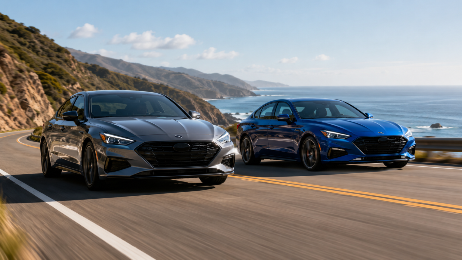 Why Two Similar Used Cars Can Have Very Different Values Two modern sedans, one gray and one blue, drive side by side on a scenic coastal highway with mountains and ocean in the background.