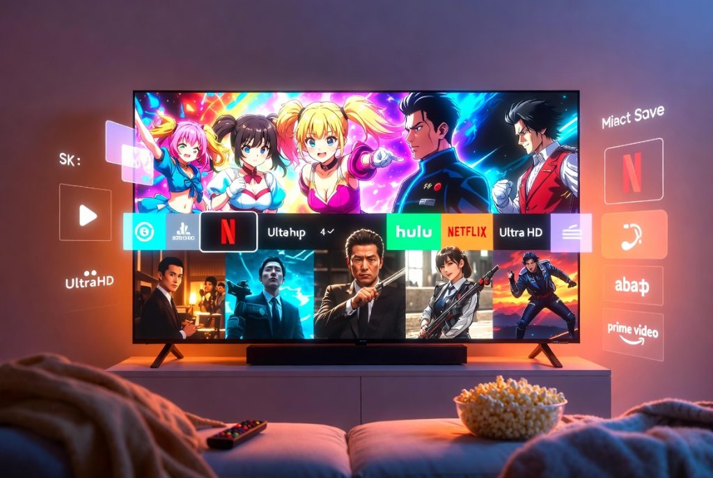 A flat-screen TV displays anime and live-action shows on streaming apps like Netflix, Hulu, and Prime Video; a remote and bowl of popcorn sit on the table in front.
