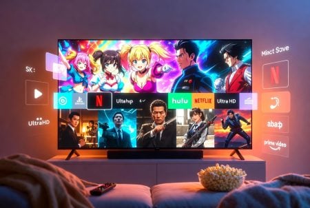 Watch Everything Without Cable In 2026: A Guide To Anime, Prestige TV, And Movies A flat-screen TV displays anime and live-action shows on streaming apps like Netflix, Hulu, and Prime Video; a remote and bowl of popcorn sit on the table in front.