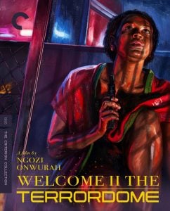 A person with short hair looks up in fear, illuminated by red and blue light. The text reads: “WELCOME II THE TERRORDOME, a film by Ngozi Onwurah.”.