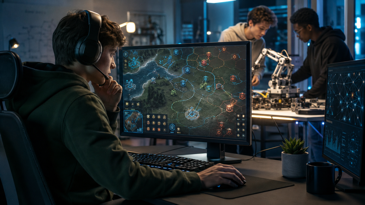 What Strategy Games Can Teach Us About The Rise of AI Competitions A person wearing headphones plays a strategy game on a computer, while two others work on a robotic arm in the background of a tech-focused room.