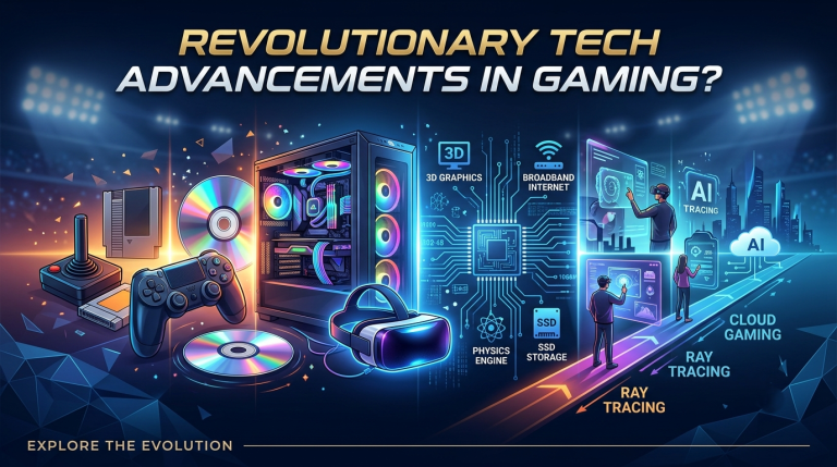 What Were The Most Revolutionary Tech Advancements In Gaming? A split image showing traditional gaming hardware on the left and digital cloud, AI, ray tracing, and cloud gaming technology on the right, highlighting gaming advancements.