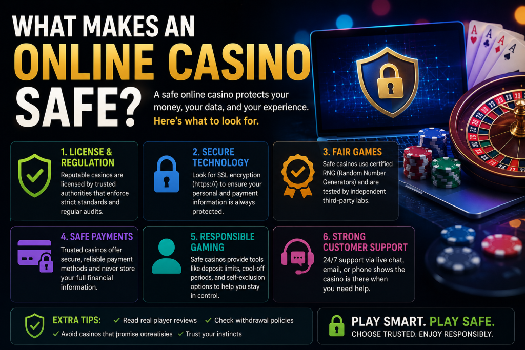 Infographic explaining six factors for safe online casinos, including licensing, security, fair games, safe payments, responsible gaming, and strong customer support, with extra tips and a safety warning.