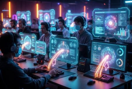 People wearing headsets and masks sit at desks with large, futuristic computer screens displaying bright data visuals and graphs in a high-tech office environment.
