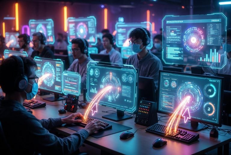 Why More People Are Using Auto Clickers In 2026 People wearing headsets and masks sit at desks with large, futuristic computer screens displaying bright data visuals and graphs in a high-tech office environment.