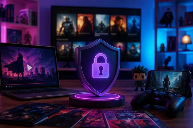 A glowing shield with a padlock symbol is displayed between a laptop, a smartphone, a game controller, DVD cases, and two monitors showing superhero scenes.
