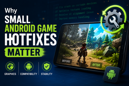 Why Small Android Game Hotfixes Matter For Graphics, Compatibility And Stability A split-screen phone displays a game's before-and-after updates, highlighting why small Android game hotfixes improve graphics, compatibility, and stability.