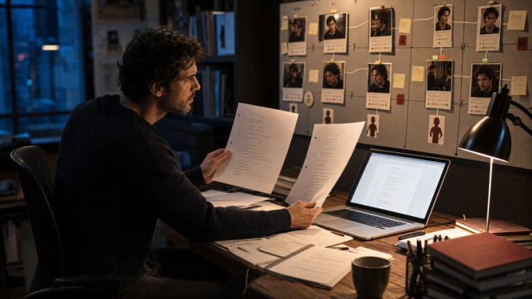 Why An AI Script Writer Needs Character Memory A person sits at a desk with documents, a laptop, and notebooks, looking at papers. A board with photos and notes is on the wall behind the desk.