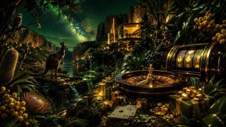 A lush, nighttime landscape with a kangaroo, glowing casino elements like a roulette wheel and slot machine, a modern building, scattered poker chips, cards, and a starry sky with the Milky Way.