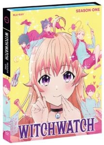 Blu-ray cover of "Witch Watch" Season One featuring an anime girl with pink hair in the foreground and several other characters in the background on a yellow, sparkly backdrop.