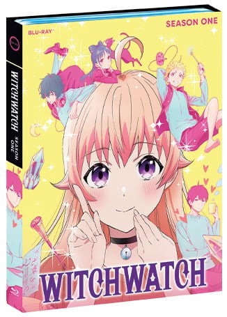 Blu-ray cover of "Witch Watch" Season One featuring an anime girl with pink hair in the foreground and several other characters in the background on a yellow, sparkly backdrop.