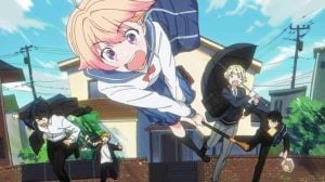 GKIDS To Release Season One Of The Supernatural Rom-Com Series ‘Witch Watch’ On Blu-Ray This July Five students in school uniforms run outside, holding umbrellas against strong wind. The background shows houses, a blue sky, and power lines. One girl is lifted off the ground by her umbrella.
