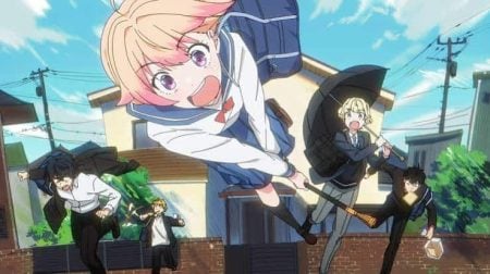 Five students in school uniforms run outside, holding umbrellas against strong wind. The background shows houses, a blue sky, and power lines. One girl is lifted off the ground by her umbrella.