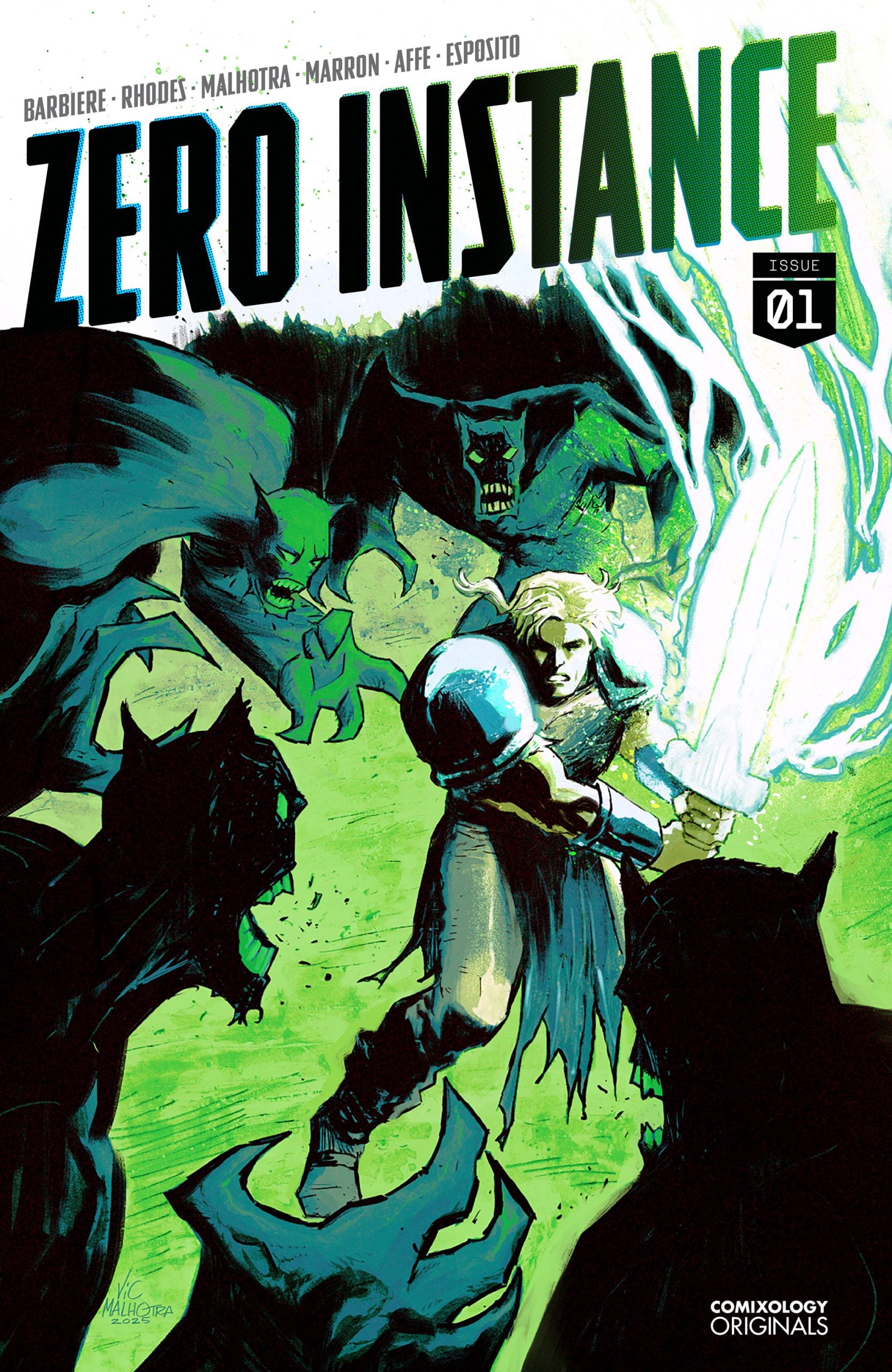 A warrior holding a glowing sword stands surrounded by shadowy creatures, ready to fight. The comic is titled "Zero Instance" issue 1.