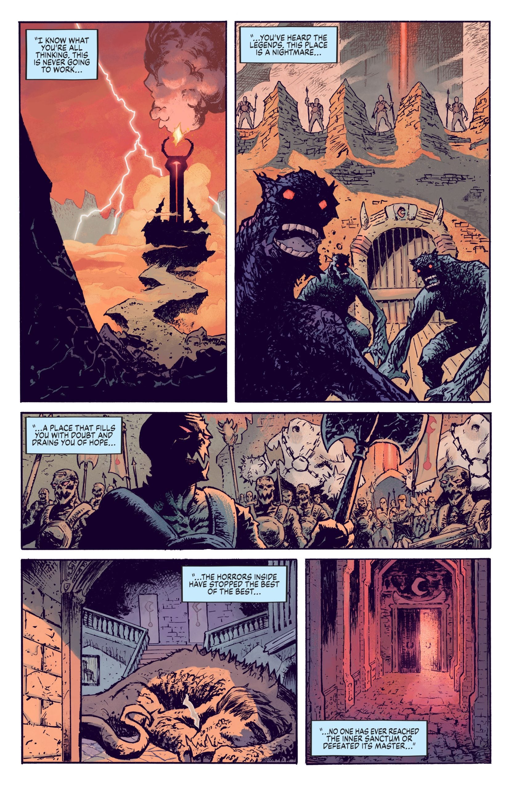 A fantasy comic page shows a fortress with smoke, armored guards, chained beasts, a man with an axe, and a dark corridor lined with statues.