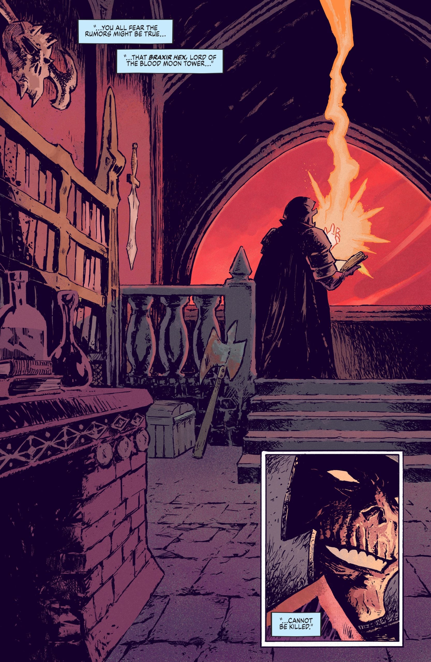A cloaked figure stands before a fiery portal inside a stone room lined with weapons and books. An inset shows the figure's skull-like face saying, “I cannot be killed.”.