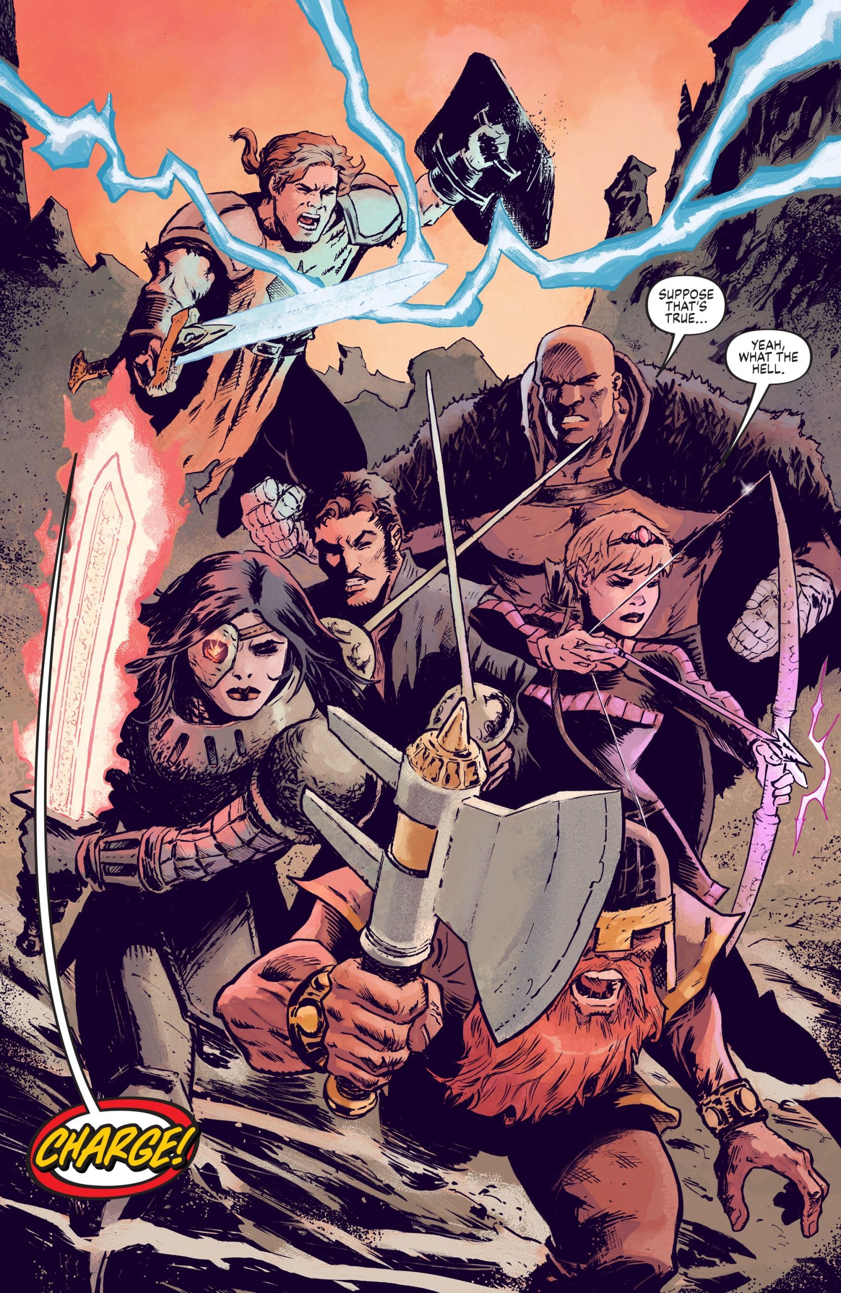 A group of six armored fantasy warriors, wielding various weapons and magic, charges forward in a rocky, dramatic landscape at sunset.