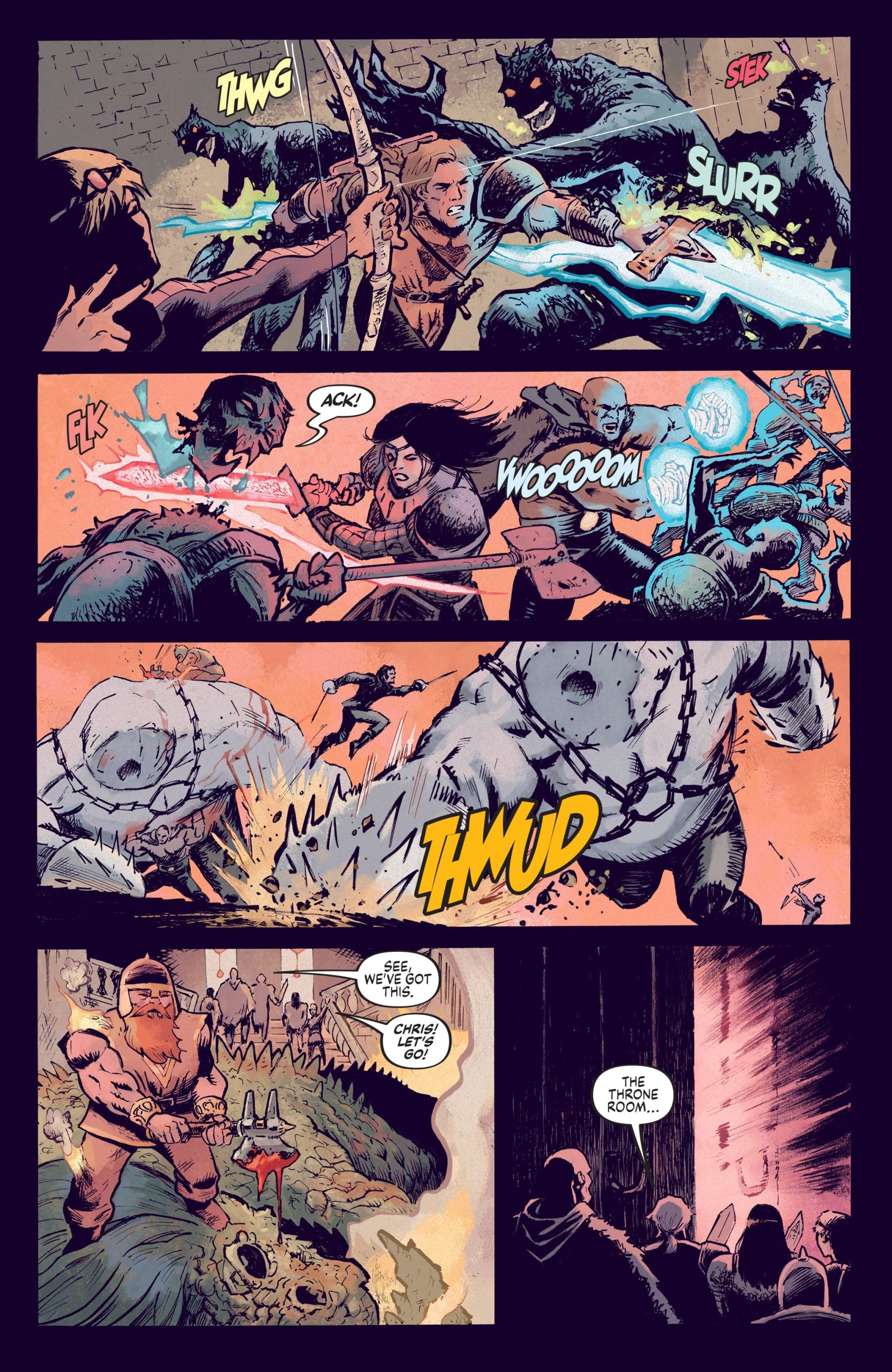 Four comic panels show characters fighting with swords and magic against monsters, then entering a large room led by a man riding a giant reptile.