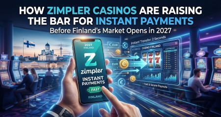 A person holds a phone displaying "Zimpler Instant Payments" in a casino setting, with digital graphics illustrating fast euro transactions and Finland-themed visuals.