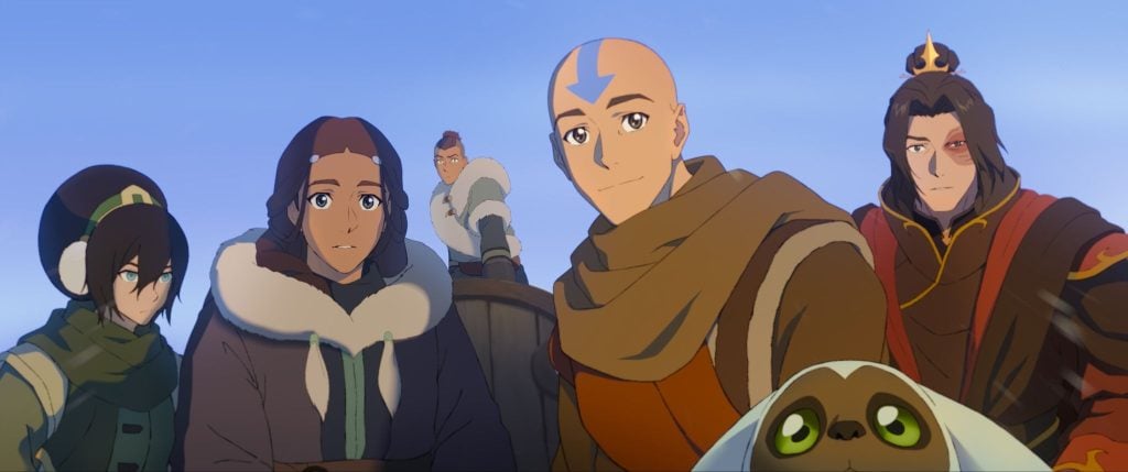 Five animated characters and a small creature stand together outdoors, dressed in winter clothing, looking ahead under a clear sky.