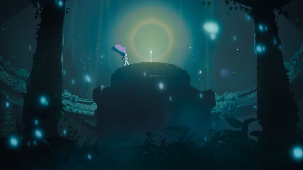 A figure with a purple cape stands on a stone platform, approaching a glowing sword under a bright halo in a mystical, blue-lit forest.