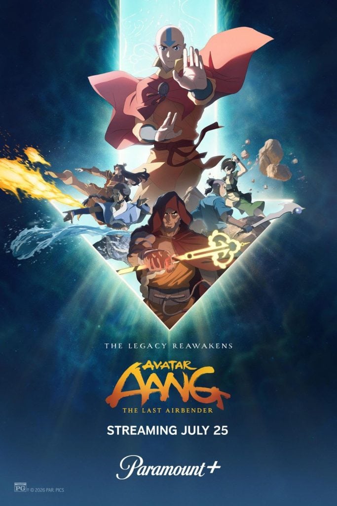 Poster for "Avatar: The Last Airbender" shows animated characters in action poses with elemental powers, release date July 25, and Paramount+ streaming information.