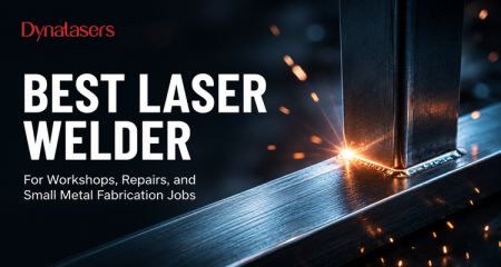 A close-up of a laser welding machine in use with sparks, promoting Dynalaser’s laser welder for workshops, repairs, and small metal fabrication jobs.