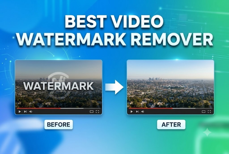 A comparison showing a video with a watermark labeled “before” and the same video without a watermark labeled “after,” under the title “Best Video Watermark Remover.”.