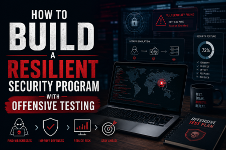 A dark-themed graphic outlines steps to build a resilient security program with offensive testing, featuring icons, a laptop with a global map, and statistics on security posture.
