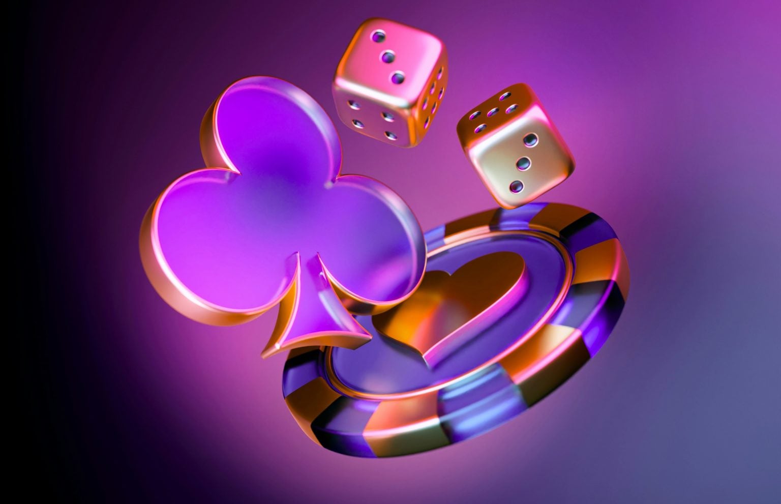 dices, chip and clover on purple gradient background