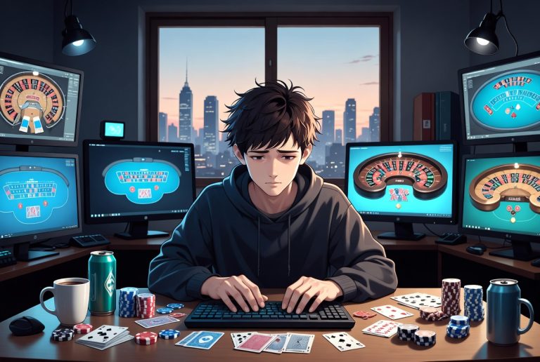 A young man sits at a desk with poker chips, cards, and a keyboard, surrounded by monitors displaying online poker games; a city skyline is visible through the window.