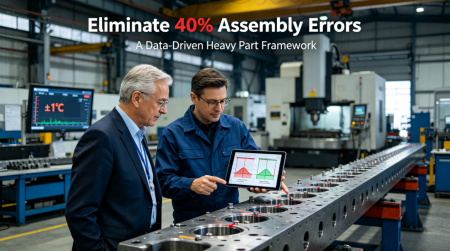 For Engineers And Manufacturing Managers: How To Avoid Costly Assembly Failures In Large Part Machining With 40% Fewer Errors A project manager and lead engineer on a heavy industry assembly floor inspect a multi-meter long component with a laser tracker, analyzing real-time positional deviations at a critical bolt hole, with environmental controls and large CNC equipment in the background, visualizing the systemic challenge of macro-scale errors.