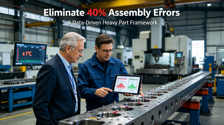  A project manager and lead engineer on a heavy industry assembly floor inspect a multi-meter long component with a laser tracker, analyzing real-time positional deviations at a critical bolt hole, with environmental controls and large CNC equipment in the background, visualizing the systemic challenge of macro-scale errors.