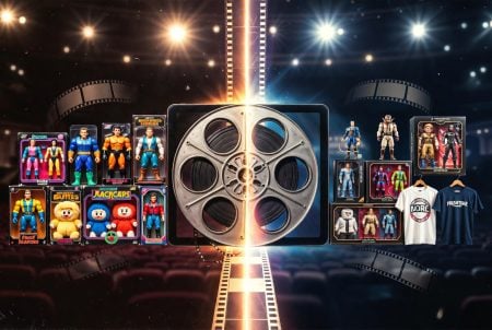 A large film reel is centered on a stage with spotlights, surrounded by action figures, retro toys in boxes, and T-shirts displayed on each side.