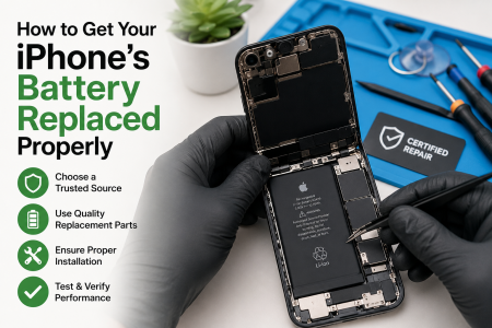 How To Get Your iPhone’s Battery Replaced Properly Gloved hands replace an iPhone battery on a workbench with tools, a plant, and a “Certified Repair” sign. Steps for battery replacement are listed on the left.