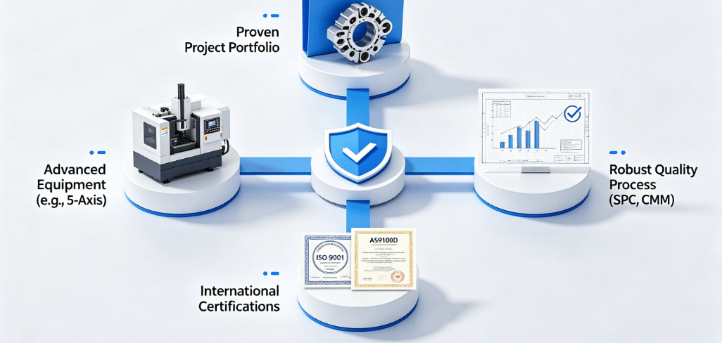 Infographic on the 4-pillar framework to evaluate a CNC machining supplier: equipment, process, experience, and certifications.