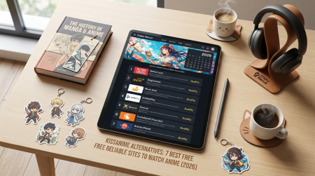 KissAnime Alternatives: 7 Best Free Reliable Sites To Watch Anime (2026) A tablet on a desk displays an anime streaming website; books, coffee, headphones, and anime character keychains are also on the desk.