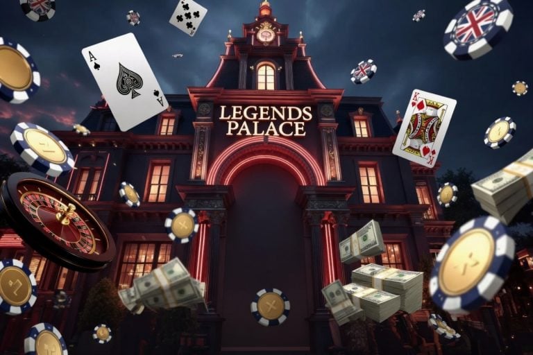 Legends Palace Casino Review For England: Bonuses, Games And First Steps Done Properly A grand casino entrance labeled “Legends Palace” with floating playing cards, poker chips, a roulette wheel, and stacks of cash in the foreground.