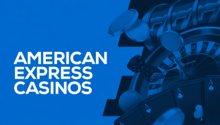 Text "American Express Casinos" beside casino elements including poker chips, roulette wheel, dice, and cards, all in blue tones.
