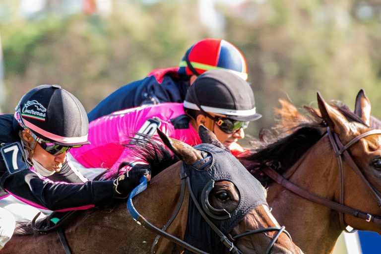 2026 Haskell Stakes Betting Guide: Monmouth Park Pace And Conditions Three jockeys ride brown horses at a horse race, focused and leaning forward. The foreground jockey wears black and pink; another wears a colorful helmet behind.