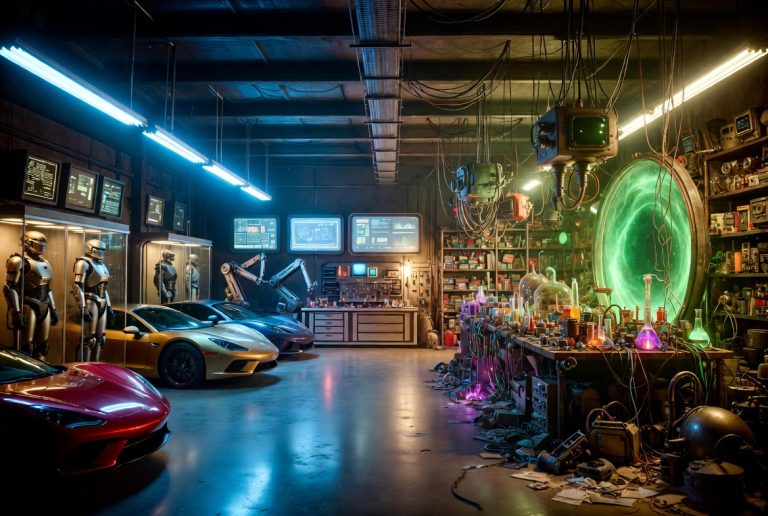 From Tony Stark To Rick Sanchez: How Fans Are Recreating Iconic Pop Culture Garages In Real Life A high-tech workshop with sports cars, humanoid robots, computer monitors, and a glowing green portal beside a cluttered workbench with scientific equipment.