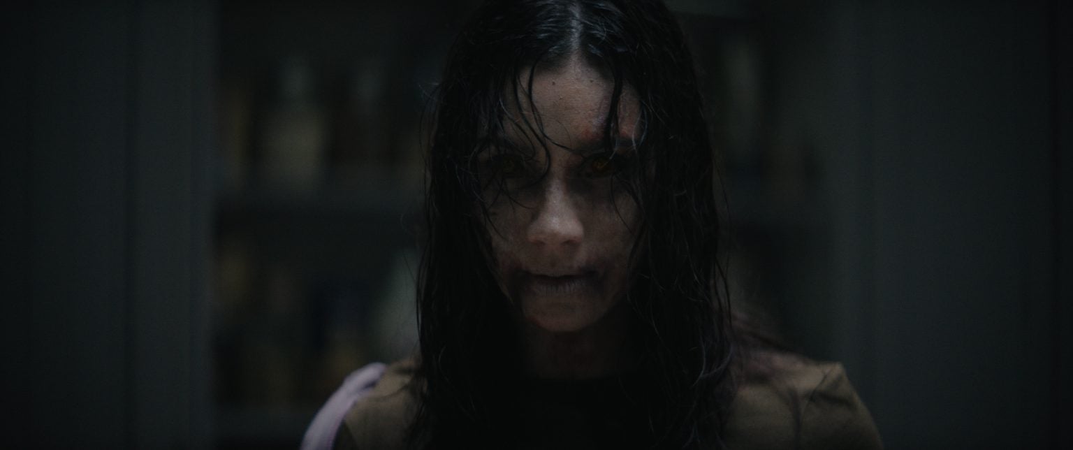 ‘Evil Dead Burn’ Review – Another Brutally Bloody And Nasty Entry In A Franchise That Consistently Delivers The Goods A person with long dark hair, pale skin, and dark circles under their eyes stares forward with a menacing expression in a dimly lit room.
