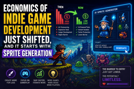 Infographic showing AI sprite generation lowering indie game development costs, with a fantasy game scene, bar graph, and icons for faster, easier, and more creative game creation.
