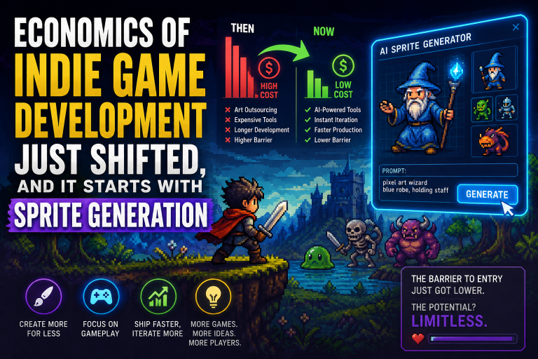 Infographic showing AI sprite generation lowering indie game development costs, with a fantasy game scene, bar graph, and icons for faster, easier, and more creative game creation.